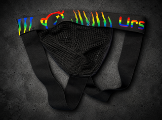 Black mesh bag with a colorful strap on a dark textured background